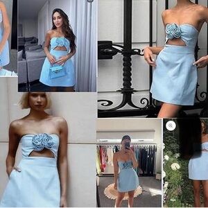 Blue strapless cut out dress with 3D rose detail size S NEW